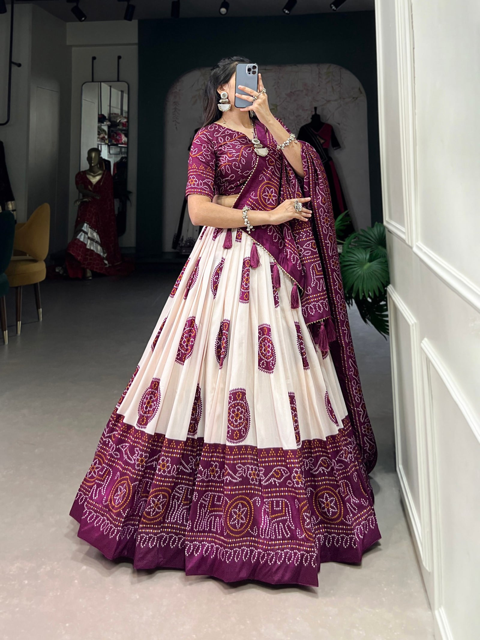 Wine Artistry in Silk Tussar Lehenga Choli with Bandhej Print & Gotta Patti Accents