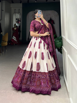 Wine Artistry in Silk Tussar Lehenga Choli with Bandhej Print & Gotta Patti Accents