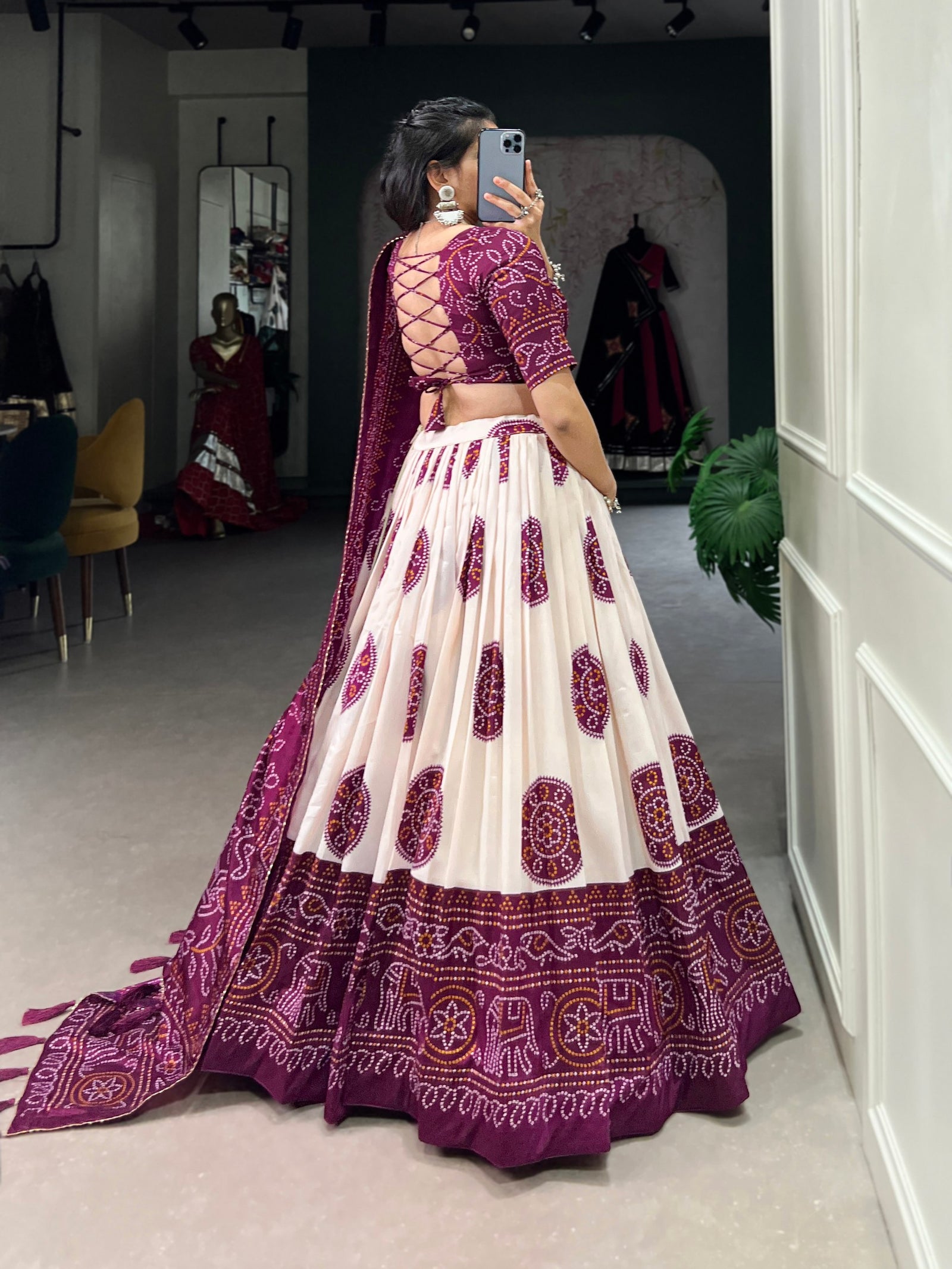 Wine Artistry in Silk Tussar Lehenga Choli with Bandhej Print & Gotta Patti Accents