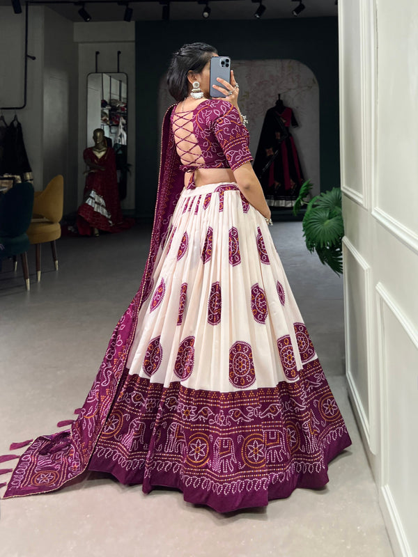 Wine Artistry in Silk Tussar Lehenga Choli with Bandhej Print & Gotta Patti Accents