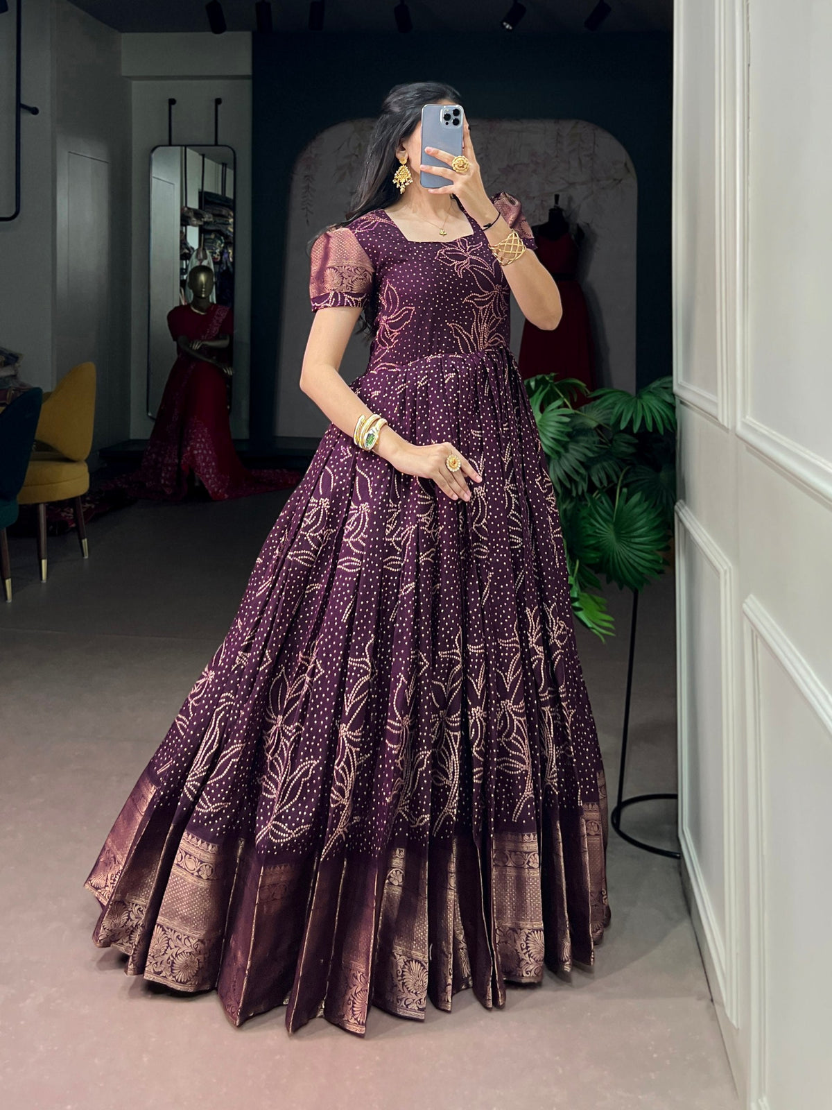 Wine Bandhej Print Dress ClothsVilla