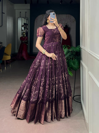 Wine Bandhej Print Dress ClothsVilla
