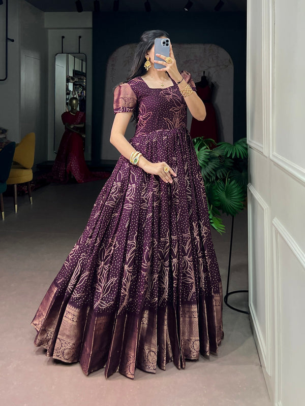 Wine Bandhej Print Dress ClothsVilla