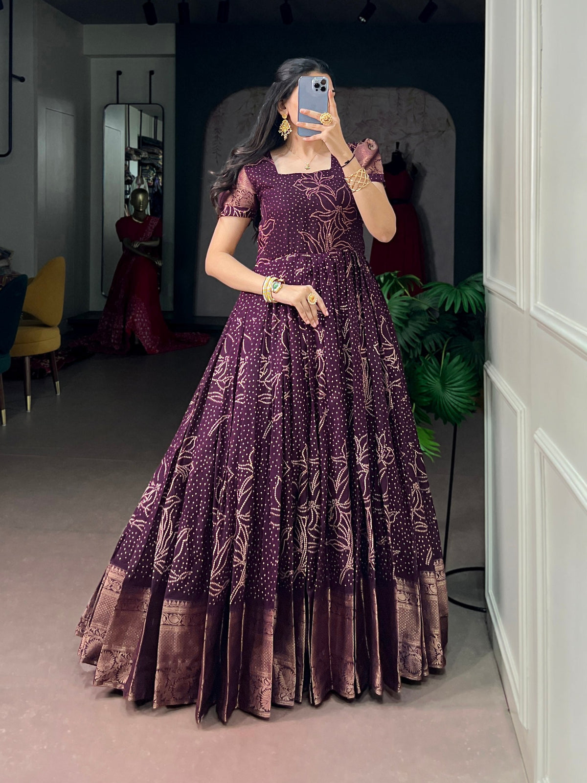Wine Bandhej Print Dress ClothsVilla