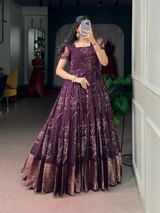 Wine Bandhej Print Dress ClothsVilla