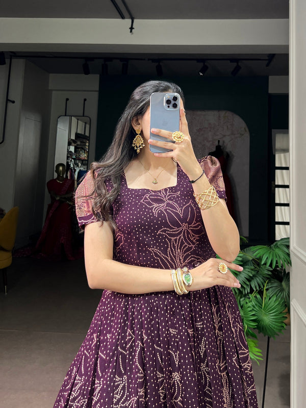 Wine Bandhej Print Dress ClothsVilla