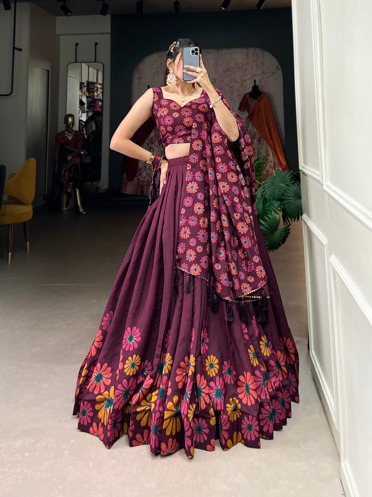 Wine Blossom Boldly Radiate Charm in Floral Printed Lehengas