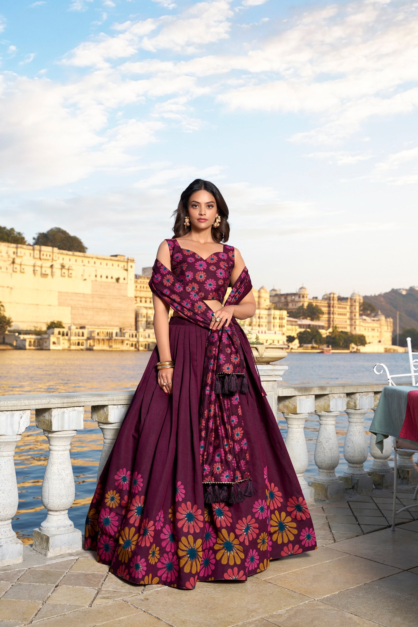 Wine Blossom Boldly Radiate Charm in Floral Printed Lehengas Main image