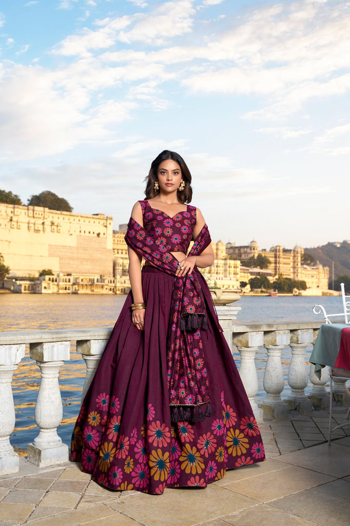 Wine Blossom Boldly Radiate Charm in Floral Printed Lehengas
