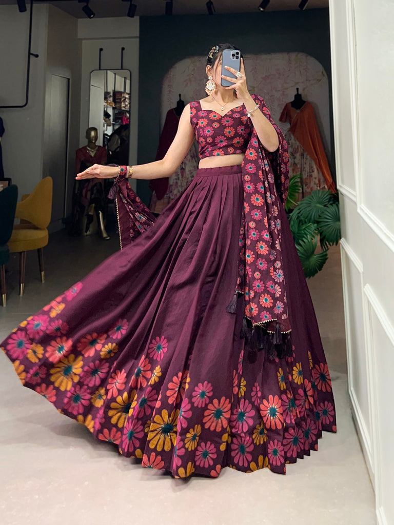 Wine Blossom Boldly Radiate Charm in Floral Printed Lehengas