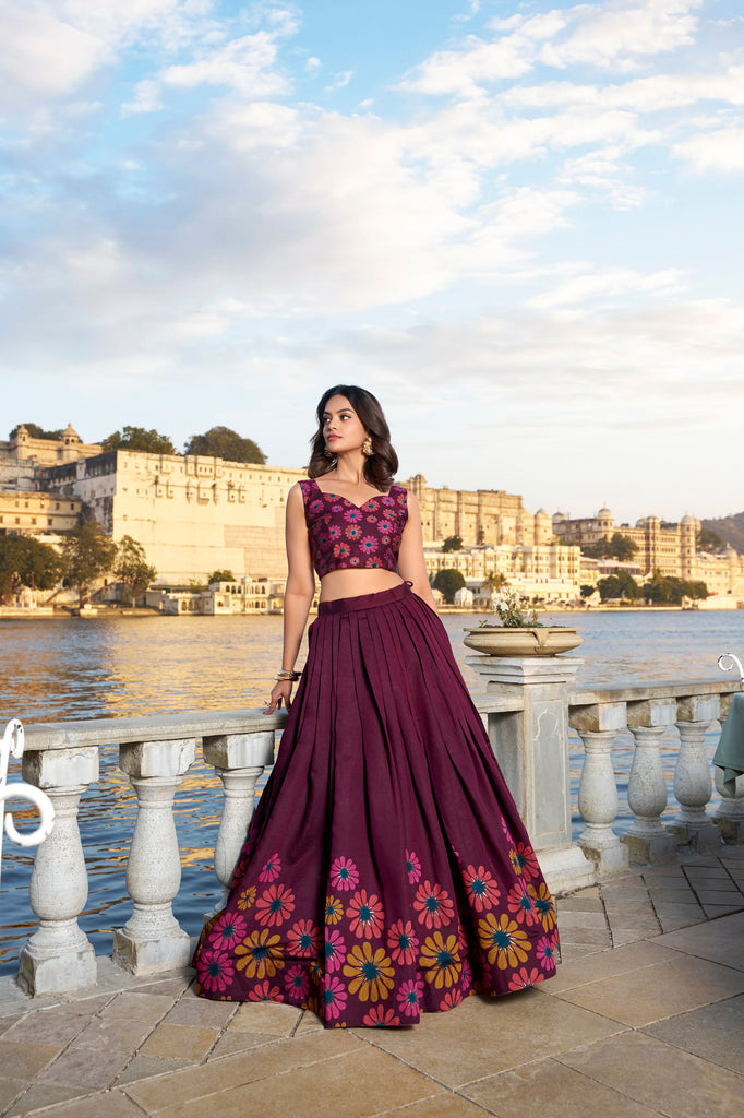 Wine Blossom Boldly Radiate Charm in Floral Printed Lehengas