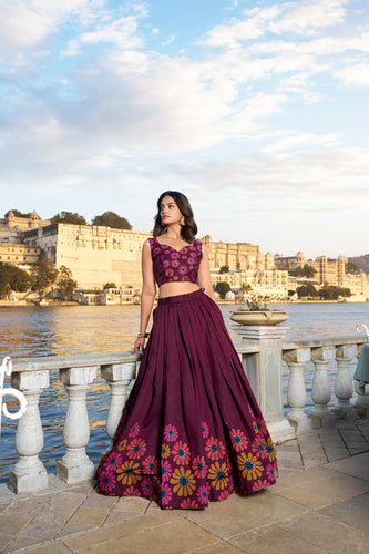 Wine Blossom Boldly Radiate Charm in Floral Printed Lehengas