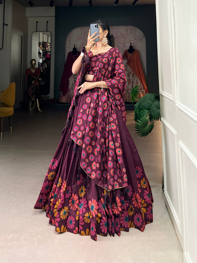 Wine Blossom Boldly Radiate Charm in Floral Printed Lehengas