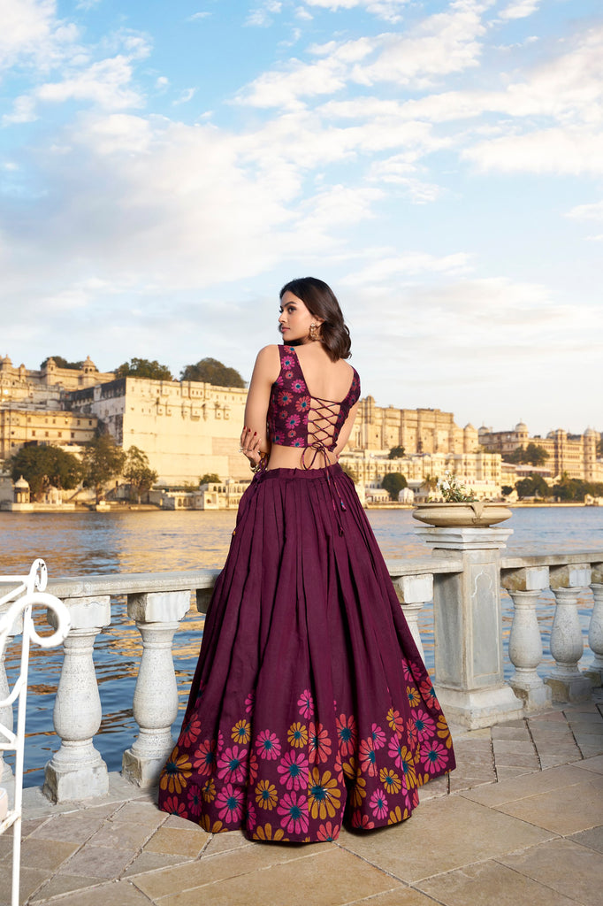 Wine Blossom Boldly Radiate Charm in Floral Printed Lehengas