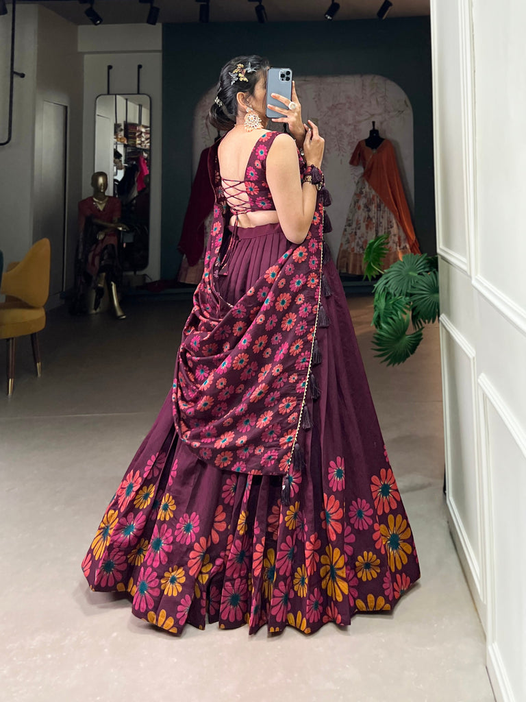 Wine Blossom Boldly Radiate Charm in Floral Printed Lehengas
