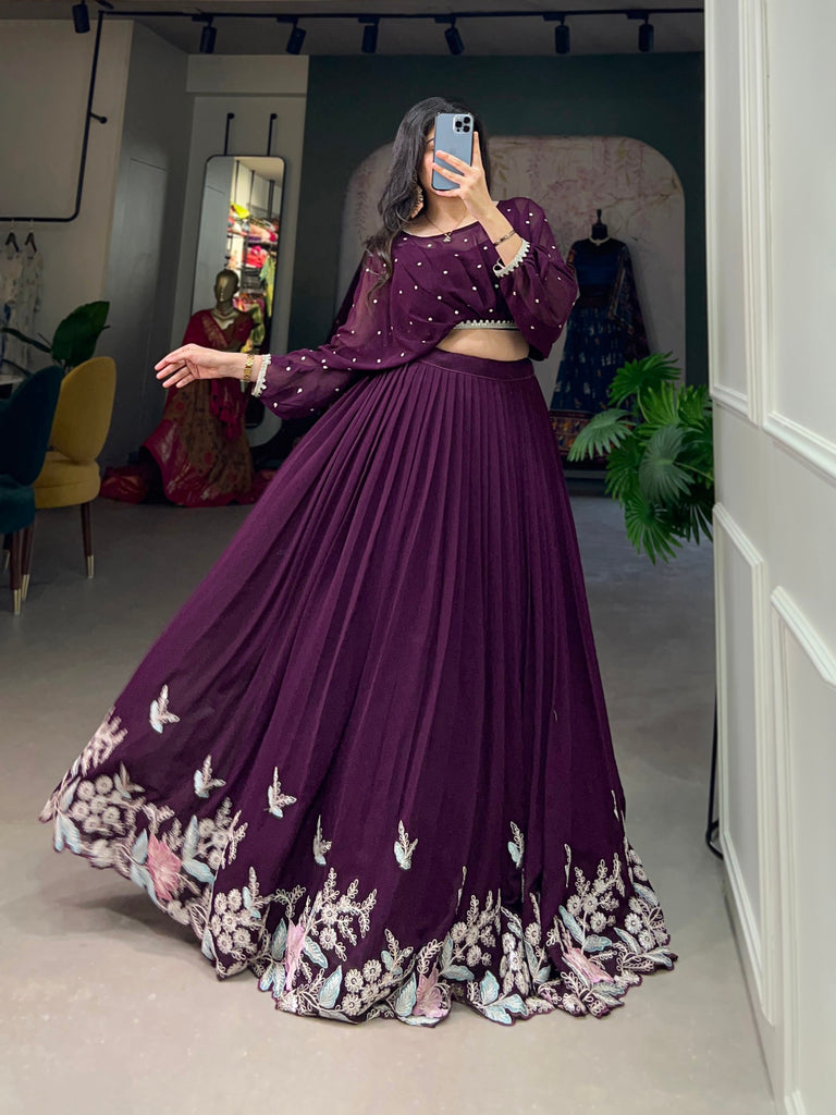 Wine Breathtaking Embroidered Georgette Lehenga Co-ord Set ClothsVilla