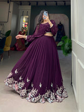 Load image into Gallery viewer, Wine Breathtaking Embroidered Georgette Lehenga Co-ord Set ClothsVilla