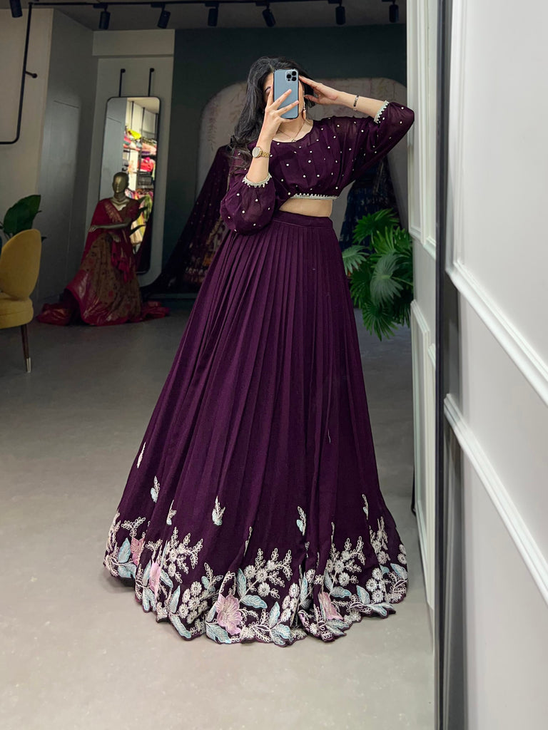 Wine Breathtaking Embroidered Georgette Lehenga Co-ord Set ClothsVilla