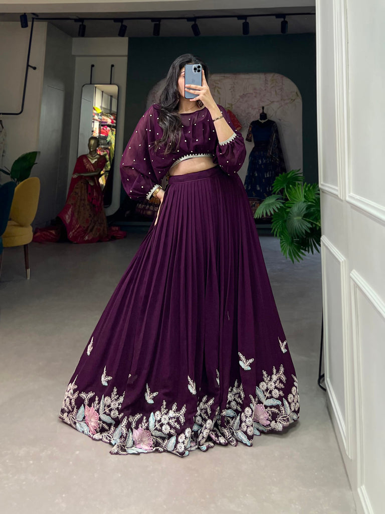 Wine Breathtaking Embroidered Georgette Lehenga Co-ord Set ClothsVilla