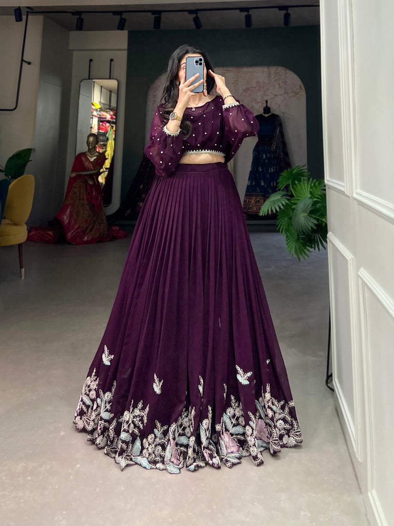 Wine Breathtaking Embroidered Georgette Lehenga Co-ord Set ClothsVilla