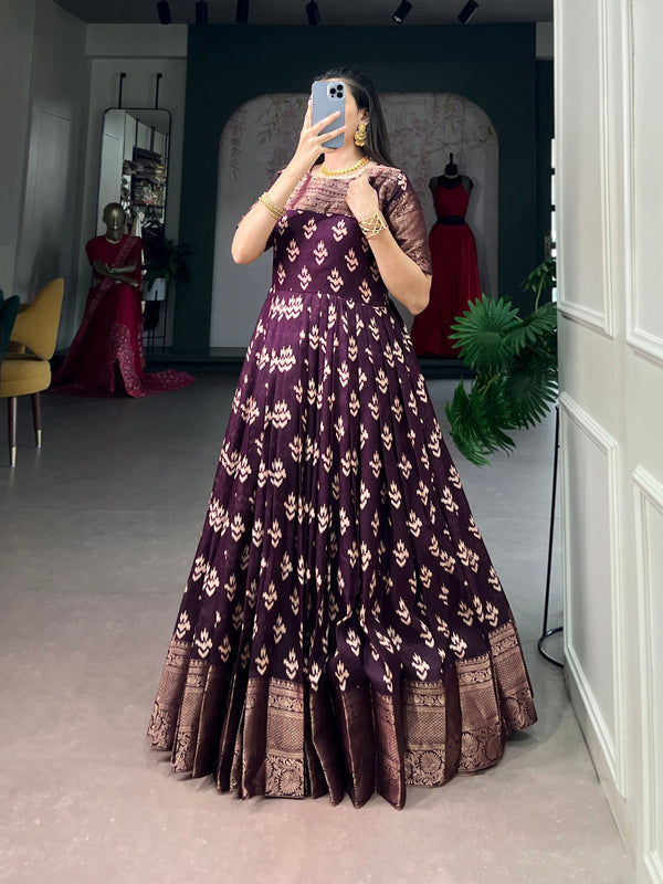 Wine Checks Zari Border Dress ClothsVilla