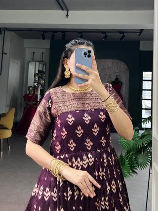 Wine Checks Zari Border Dress ClothsVilla