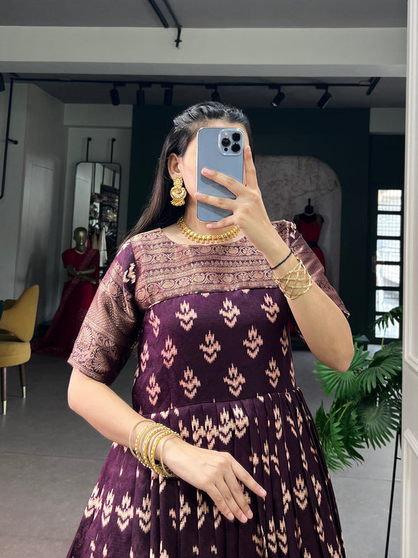 Wine Checks Zari Border Dress ClothsVilla