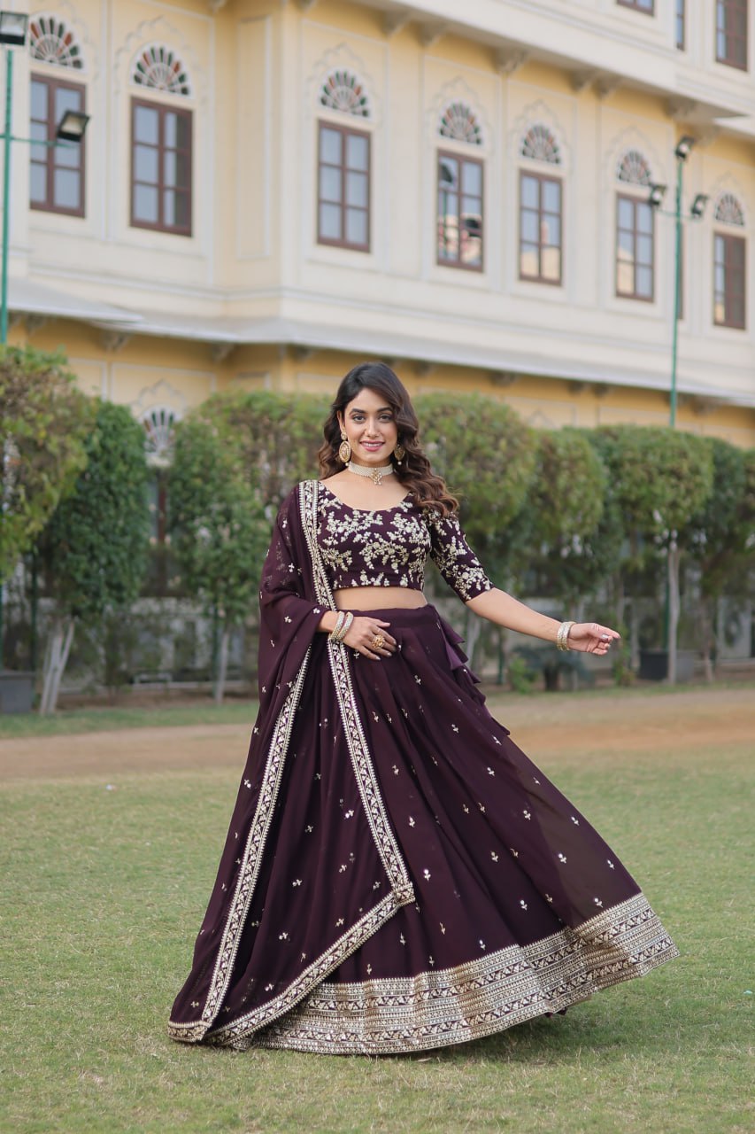 Wine Color Designer Faux Blooming Lehenga Choli Set with Dazzling Sequins ClothsVilla Main image