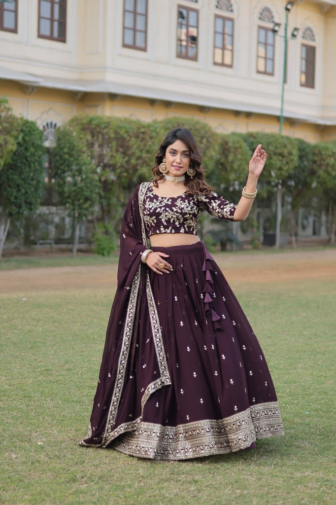 Wine Color Designer Faux Blooming Lehenga Choli Set with Dazzling Sequins ClothsVilla