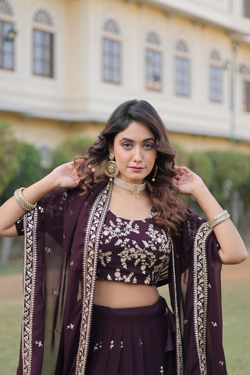Wine Color Designer Faux Blooming Lehenga Choli Set with Dazzling Sequins ClothsVilla