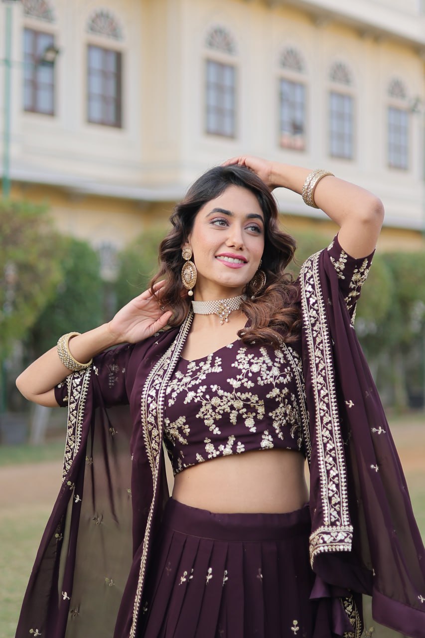 Wine Color Designer Faux Blooming Lehenga Choli Set with Dazzling Sequins ClothsVilla
