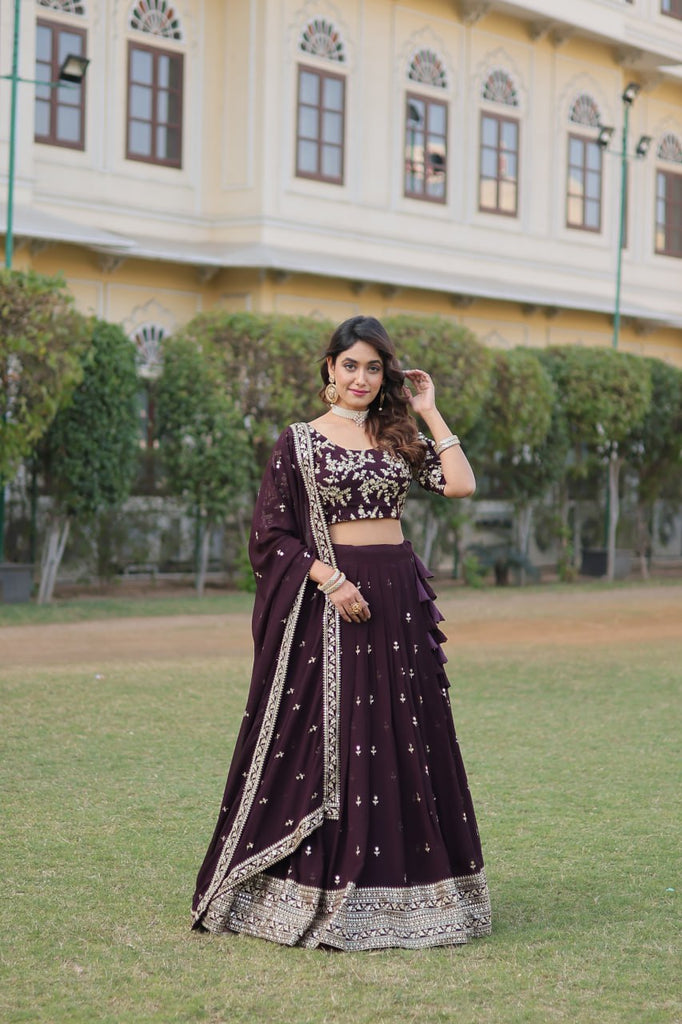 Wine Color Designer Faux Blooming Lehenga Choli Set with Dazzling Sequins ClothsVilla