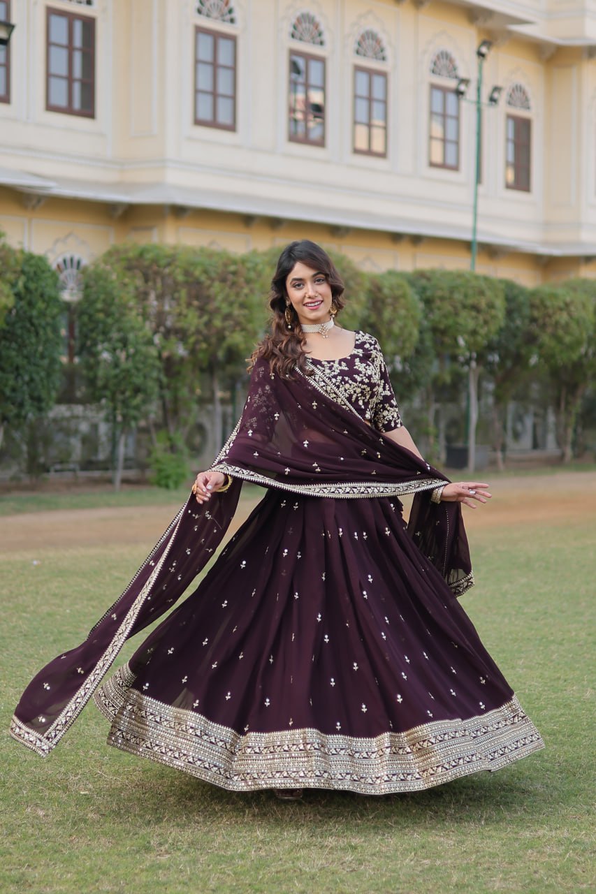 Wine Color Designer Faux Blooming Lehenga Choli Set with Dazzling Sequins ClothsVilla