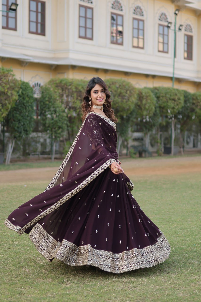 Wine Color Designer Faux Blooming Lehenga Choli Set with Dazzling Sequins ClothsVilla