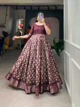 Load image into Gallery viewer, Wine Color Enthralling Dola Silk Gown with Printed Design and Luxe Zari Border ClothsVilla