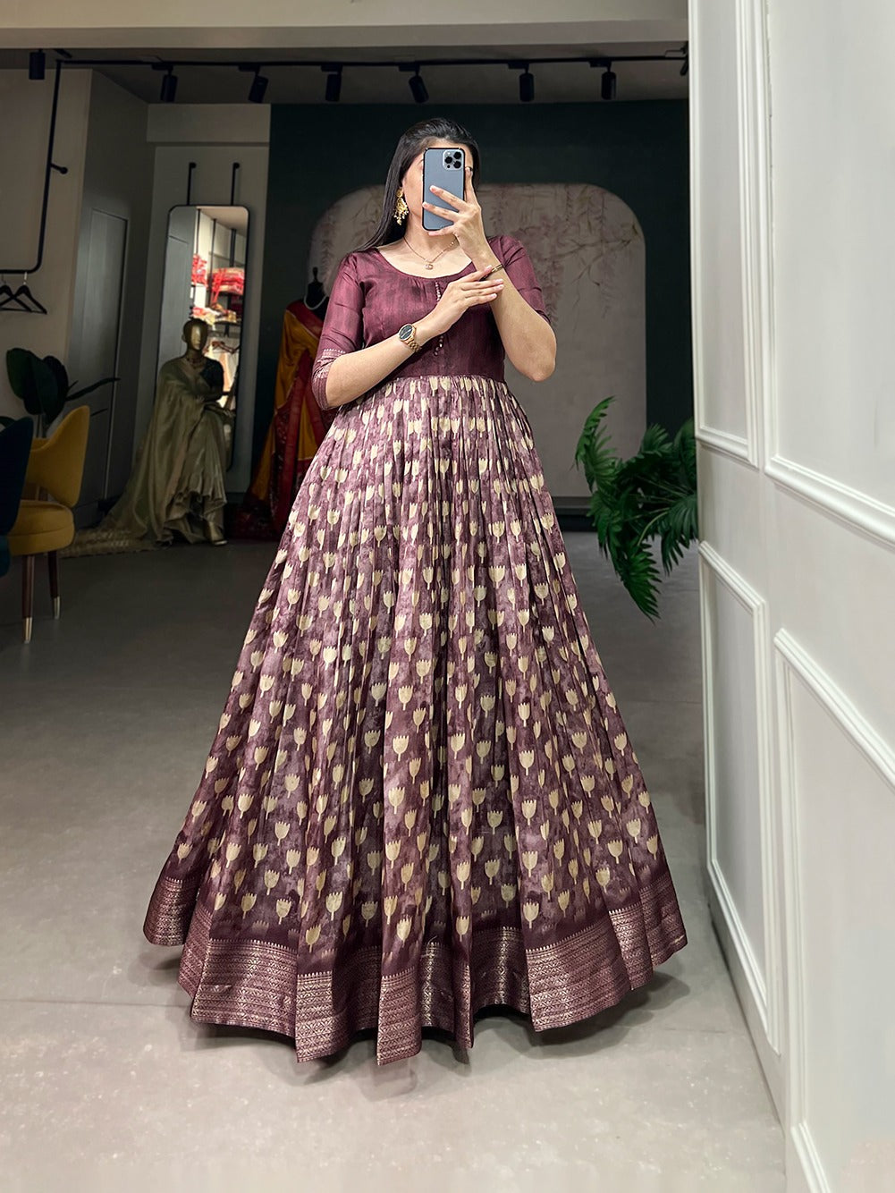 Wine Color Enthralling Dola Silk Gown with Printed Design and Luxe Zari Border ClothsVilla