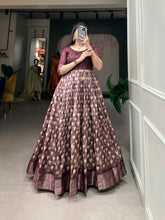 Load image into Gallery viewer, Wine Color Enthralling Dola Silk Gown with Printed Design and Luxe Zari Border ClothsVilla