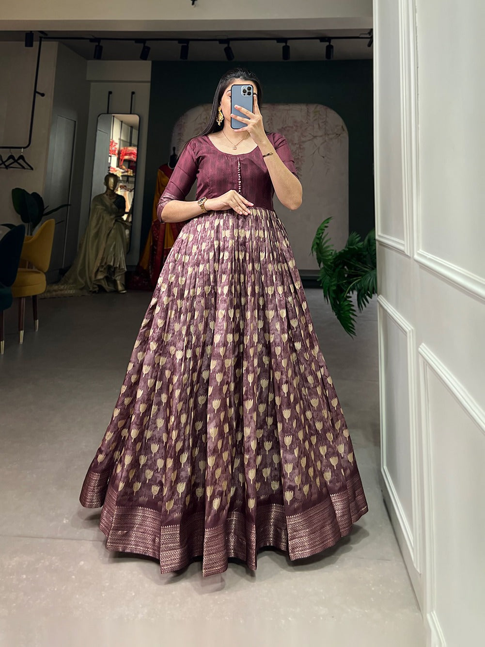 Wine Color Enthralling Dola Silk Gown with Printed Design and Luxe Zari Border ClothsVilla