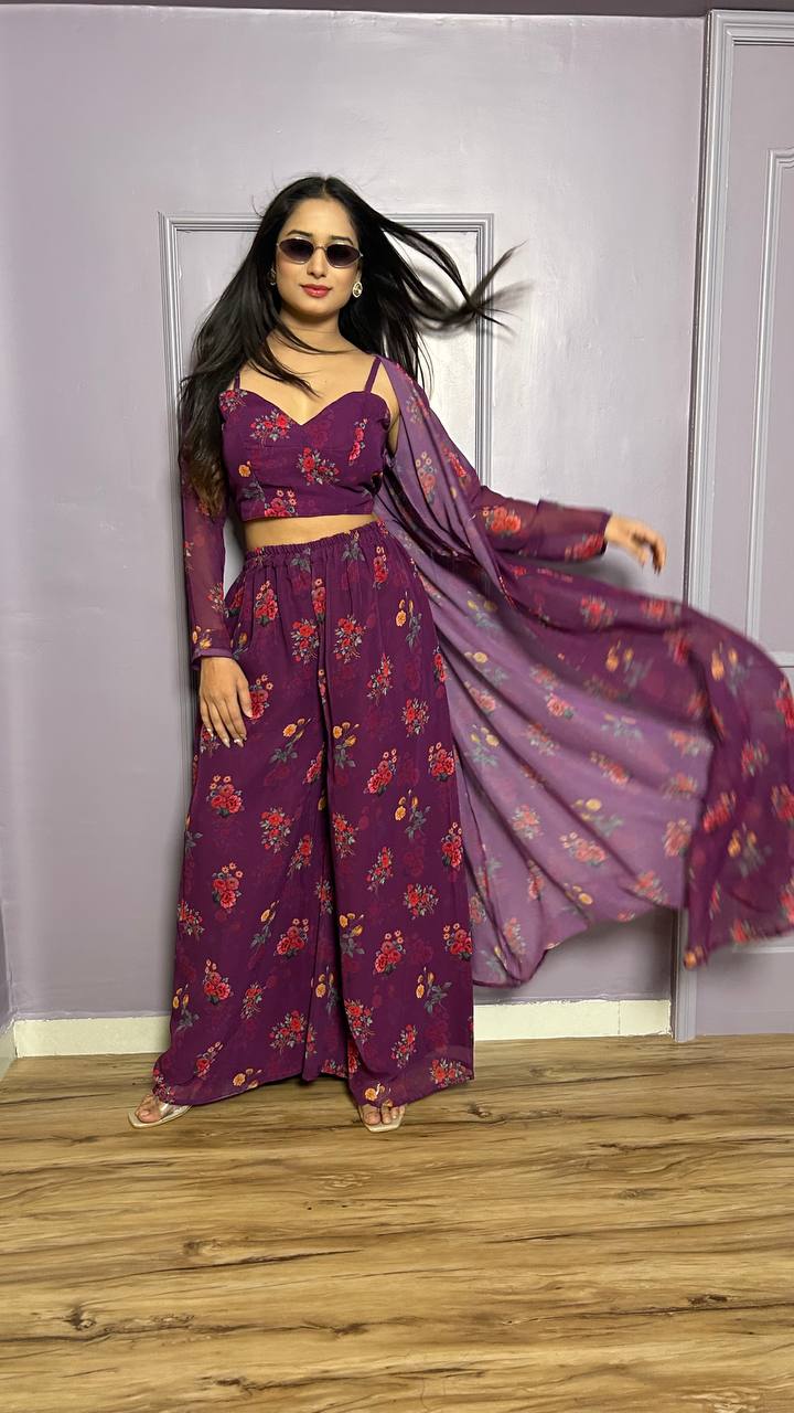 Wine Color Modern Digital Print Georgette Indo-Western Set ClothsVilla