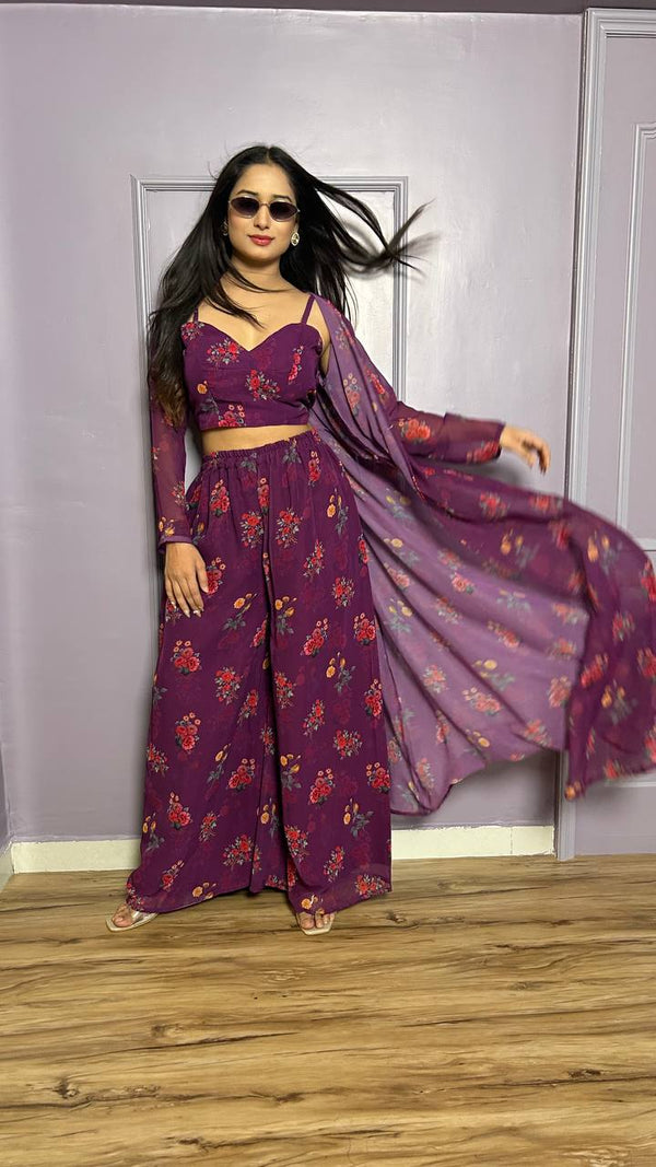 Wine Color Modern Digital Print Georgette Indo-Western Set ClothsVilla
