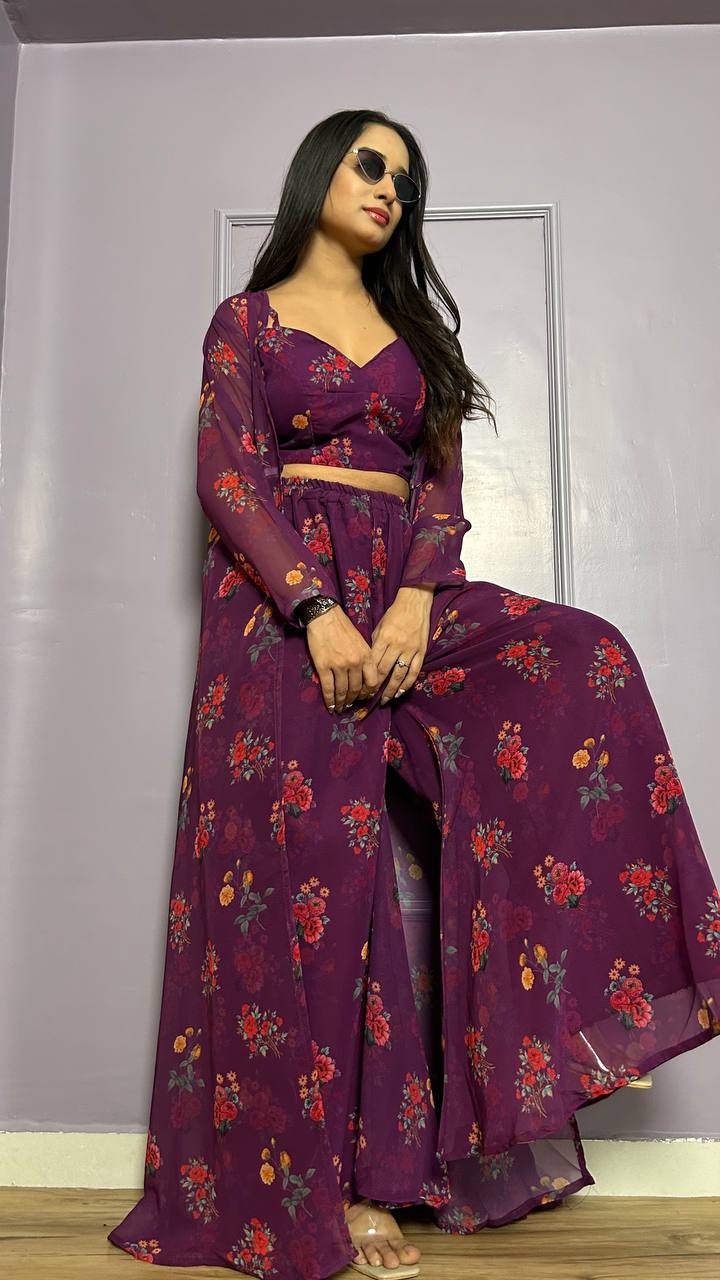 Wine Color Modern Digital Print Georgette Indo-Western Set ClothsVilla