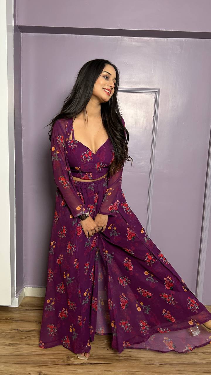 Wine Color Modern Digital Print Georgette Indo-Western Set ClothsVilla
