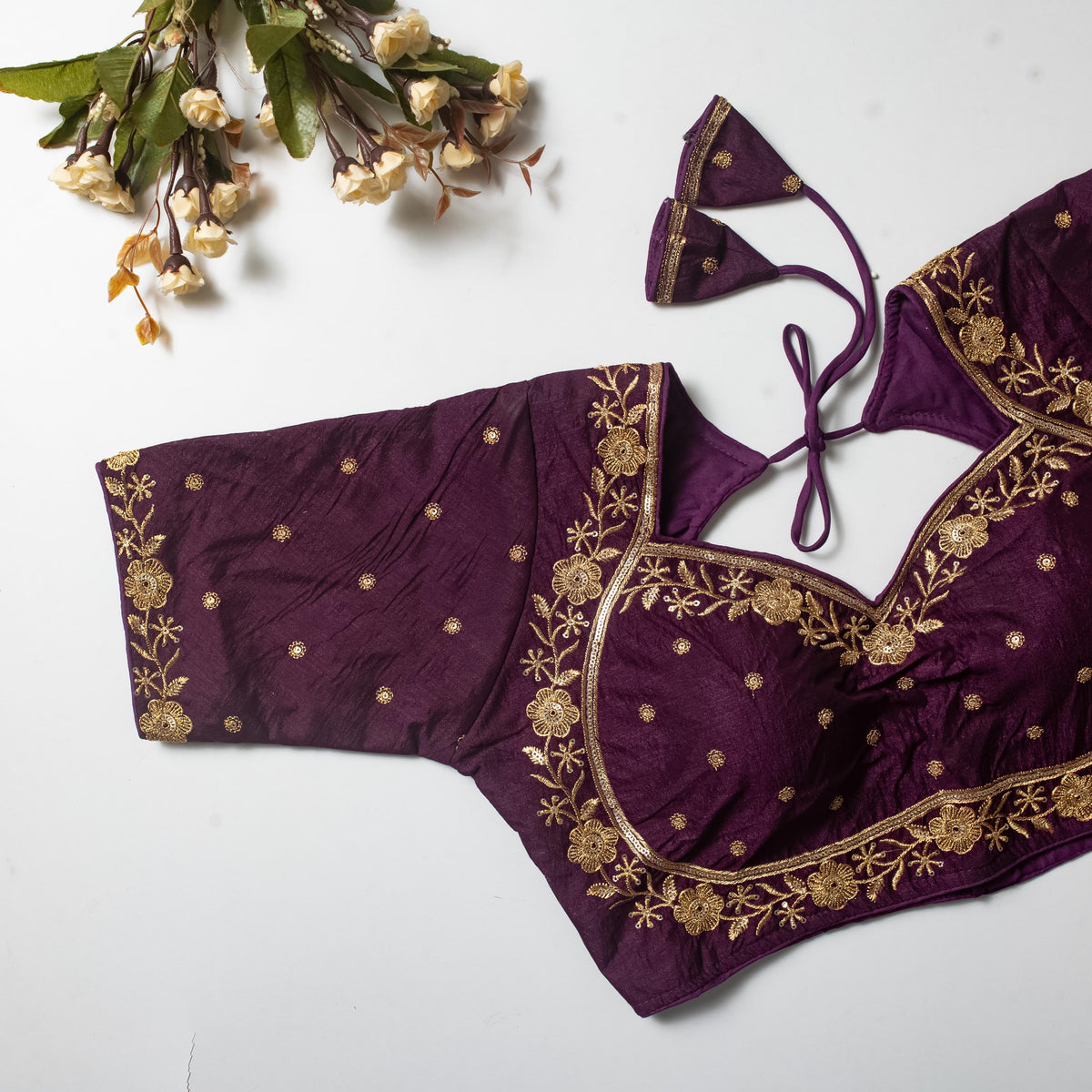 Wine Color Olive Silk Blouse with Golden Embroidery and Sequins ClothsVilla Main image