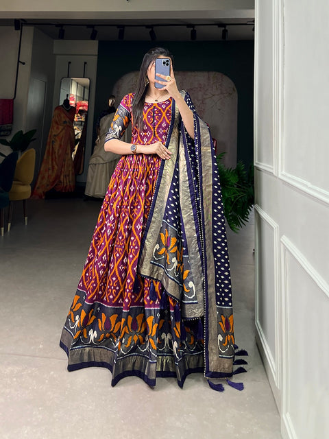 Wine Color Patola Print Gown with Foil Detailing and Tussar Silk Elegance ClothsVilla Main image