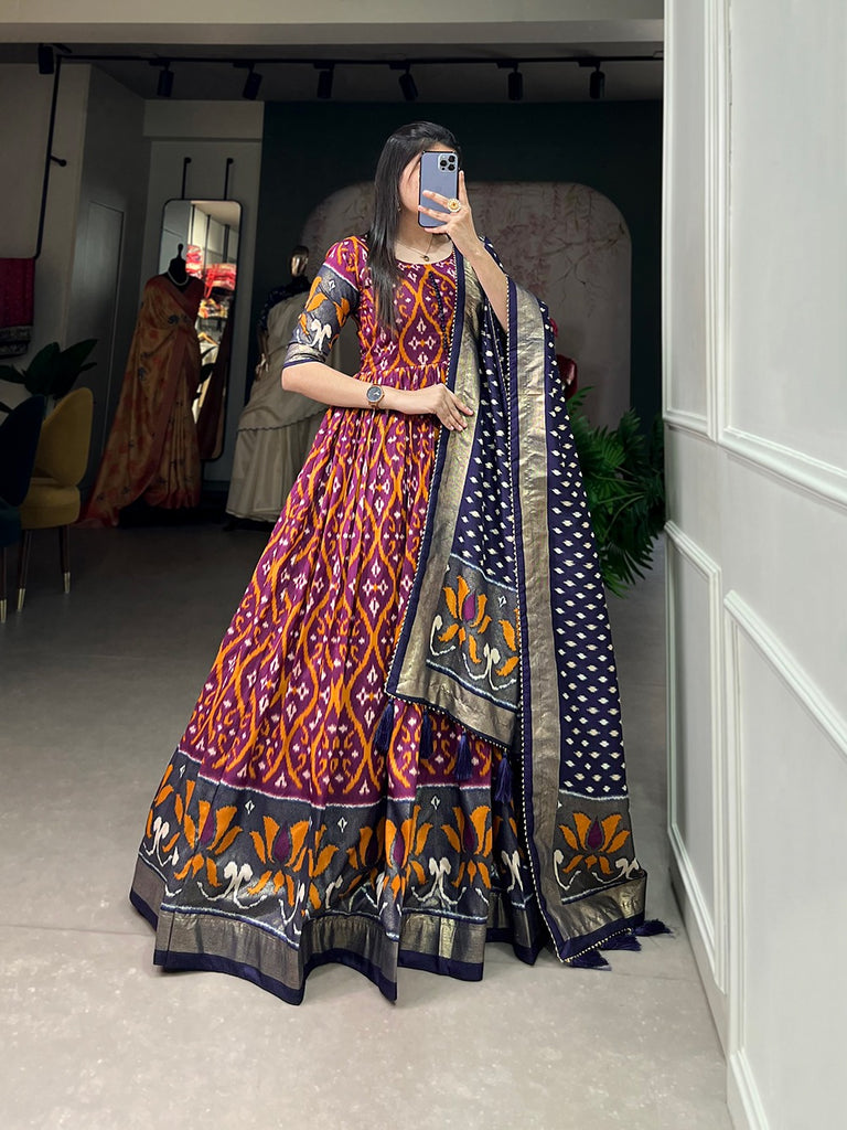 Wine Color Patola Print Gown with Foil Detailing and Tussar Silk Elegance ClothsVilla