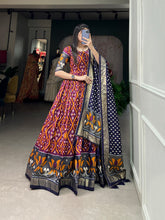 Load image into Gallery viewer, Wine Color Patola Print Gown with Foil Detailing and Tussar Silk Elegance ClothsVilla