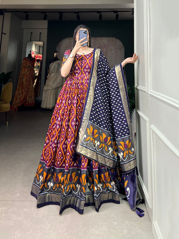 Wine Color Patola Print Gown with Foil Detailing and Tussar Silk Elegance ClothsVilla