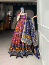 Load image into Gallery viewer, Wine Color Patola Print Gown with Foil Detailing and Tussar Silk Elegance ClothsVilla