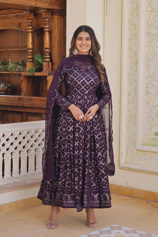 Wine Color Sequined Embroidered Gown with Dupatta Set ClothsVilla