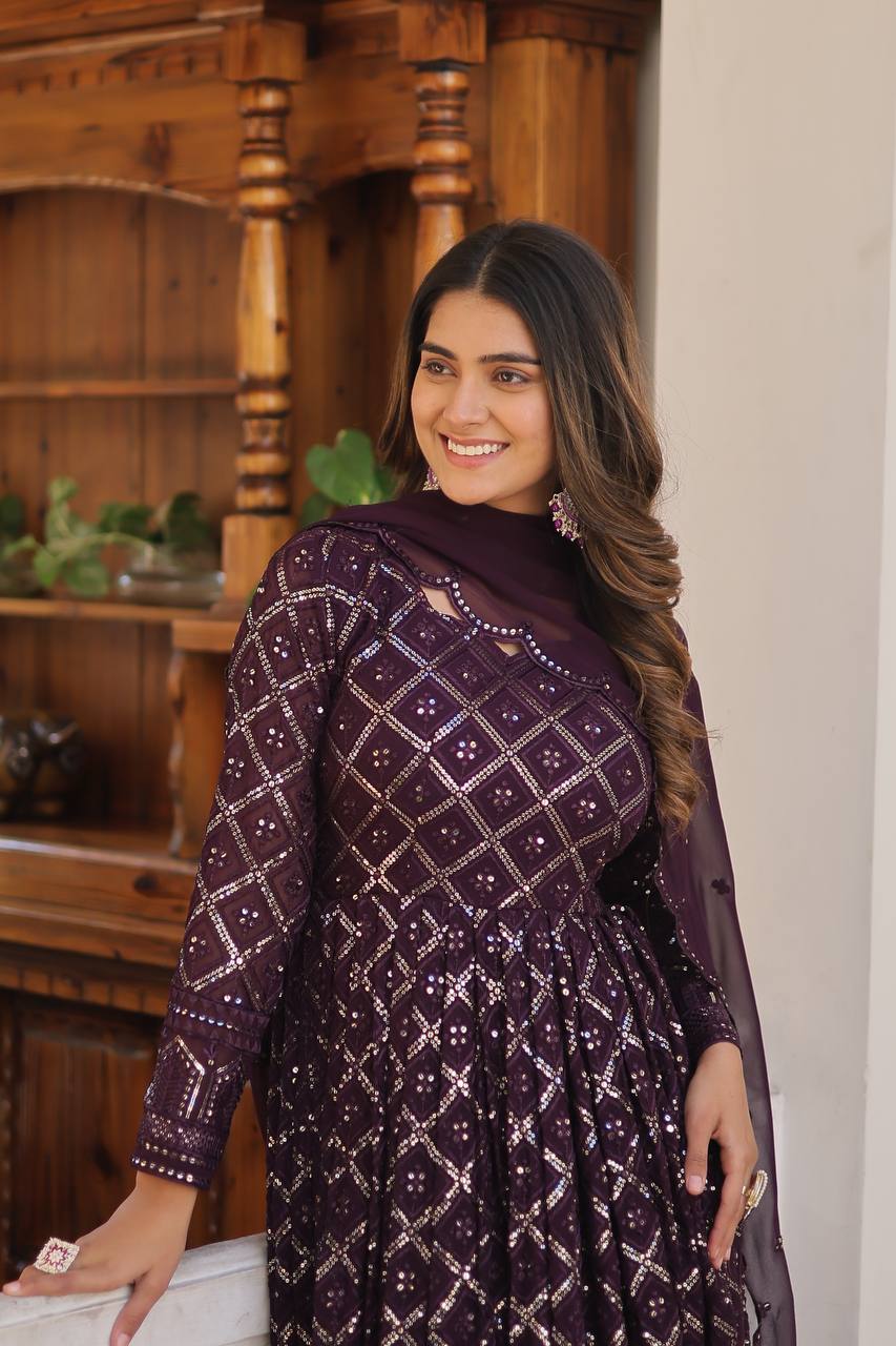 Wine Color Sequined Embroidered Gown with Dupatta Set ClothsVilla